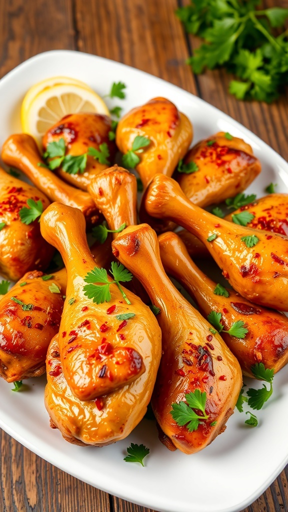A platter of crispy chicken drumsticks garnished with parsley and lemon slices on a rustic table.